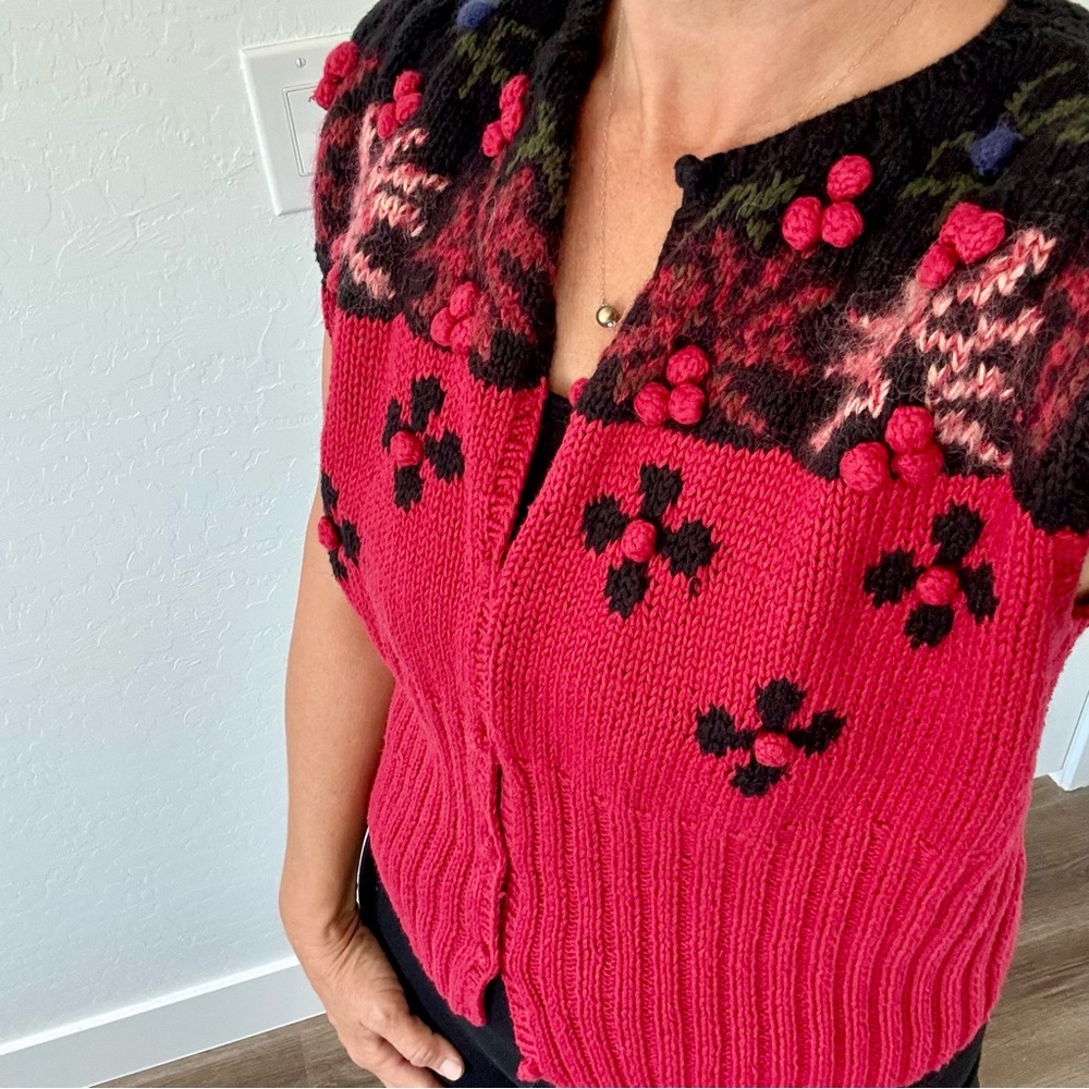 Vintage Ciel Bleu Cottagecore Hand Knit Grandma Sweater Vest with Berry Accents